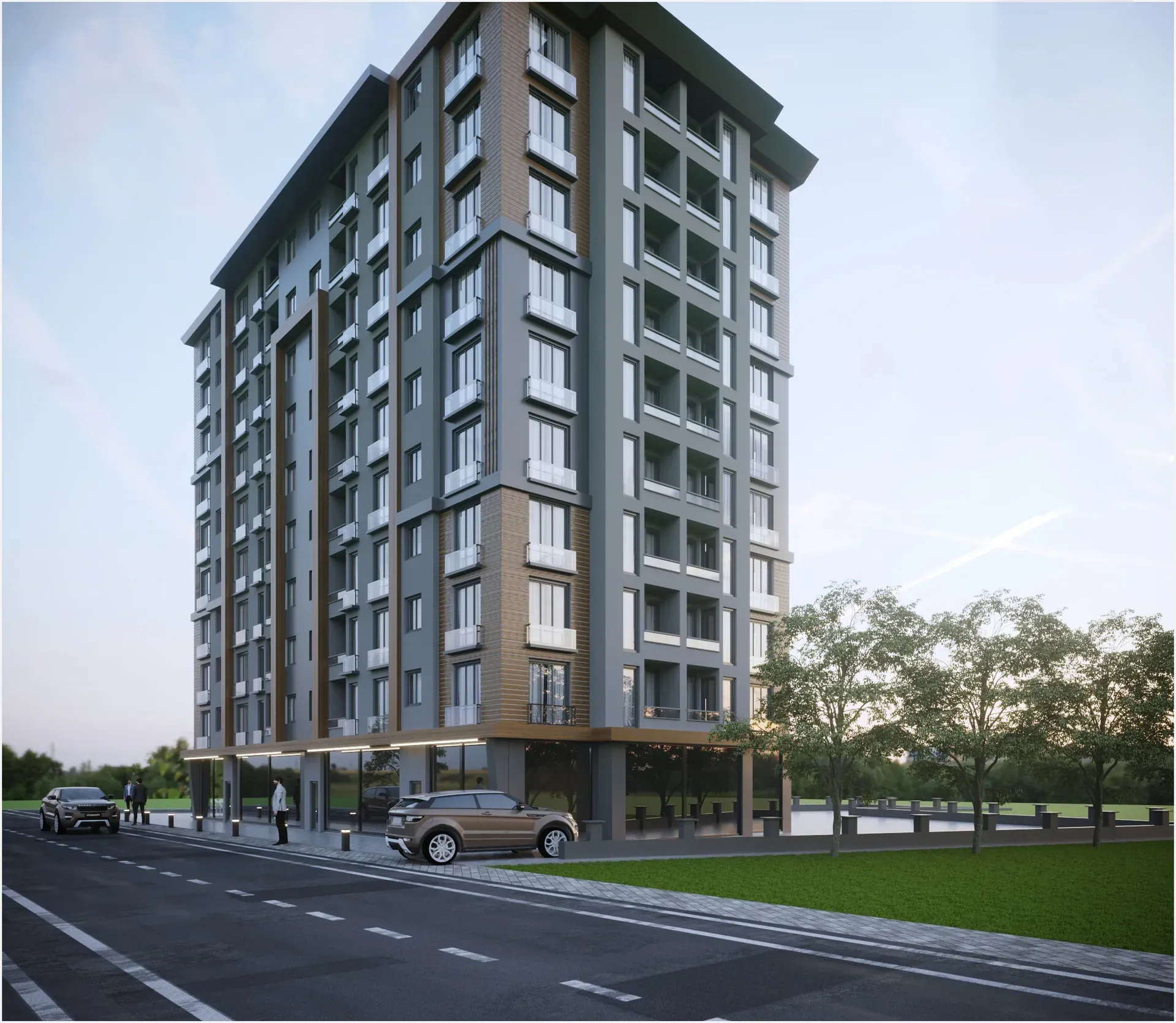 Çamlık İnşaat apartman projesi - zemin katı ticari dükkanlı çok katlı modern konut binası cadde cephesi